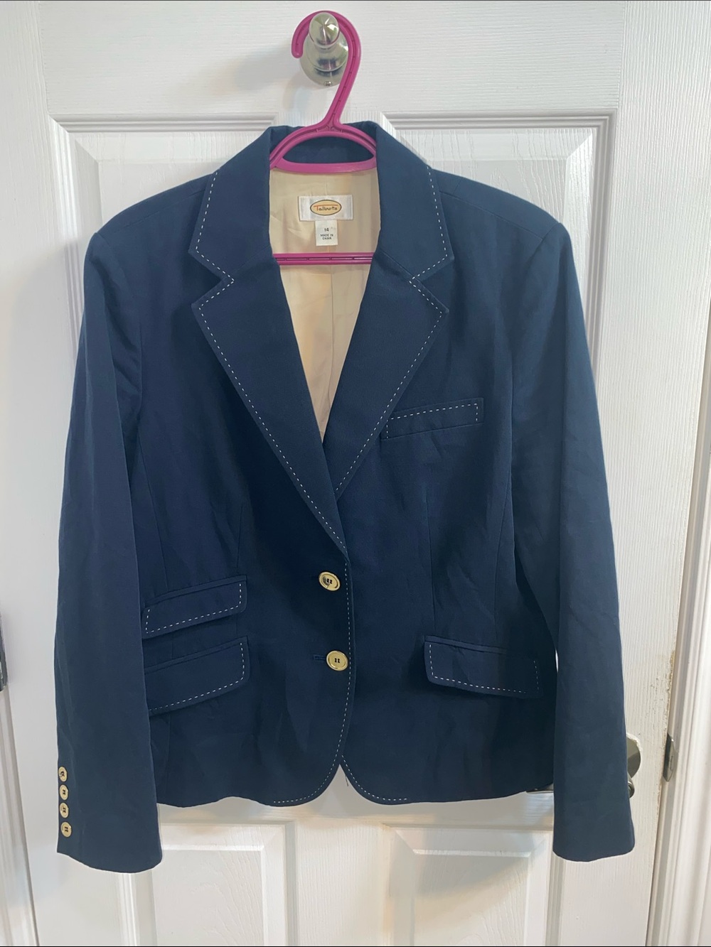 Talbots Navy Gold Cotton Linen Vintage Blazer Women’s Size 14 Classic Office